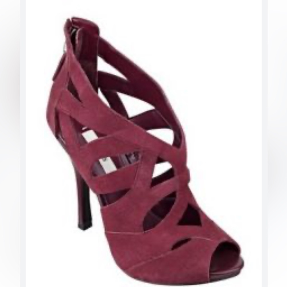 Guess Y2K Barca Cage Suede Open Toe Heels Burgundy